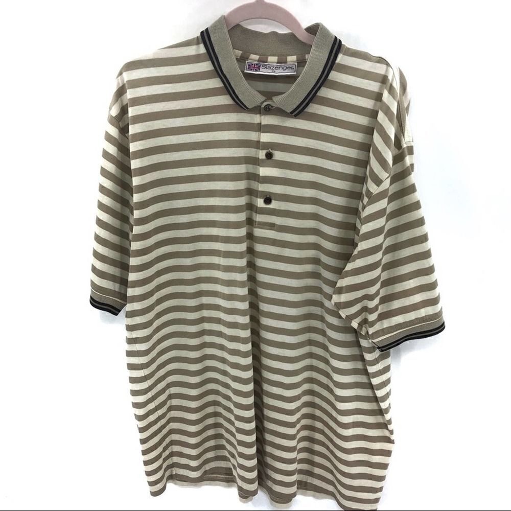 SLAZENGER Tan Striped 3 Button Polo Golf Shirt XL